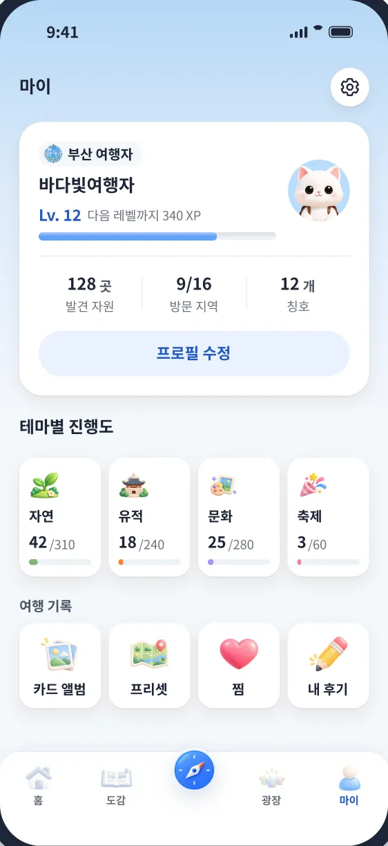 마이 화면. 레벨 12와 다음 레벨까지 남은 경험치, 계열별 진행도가 보인다
